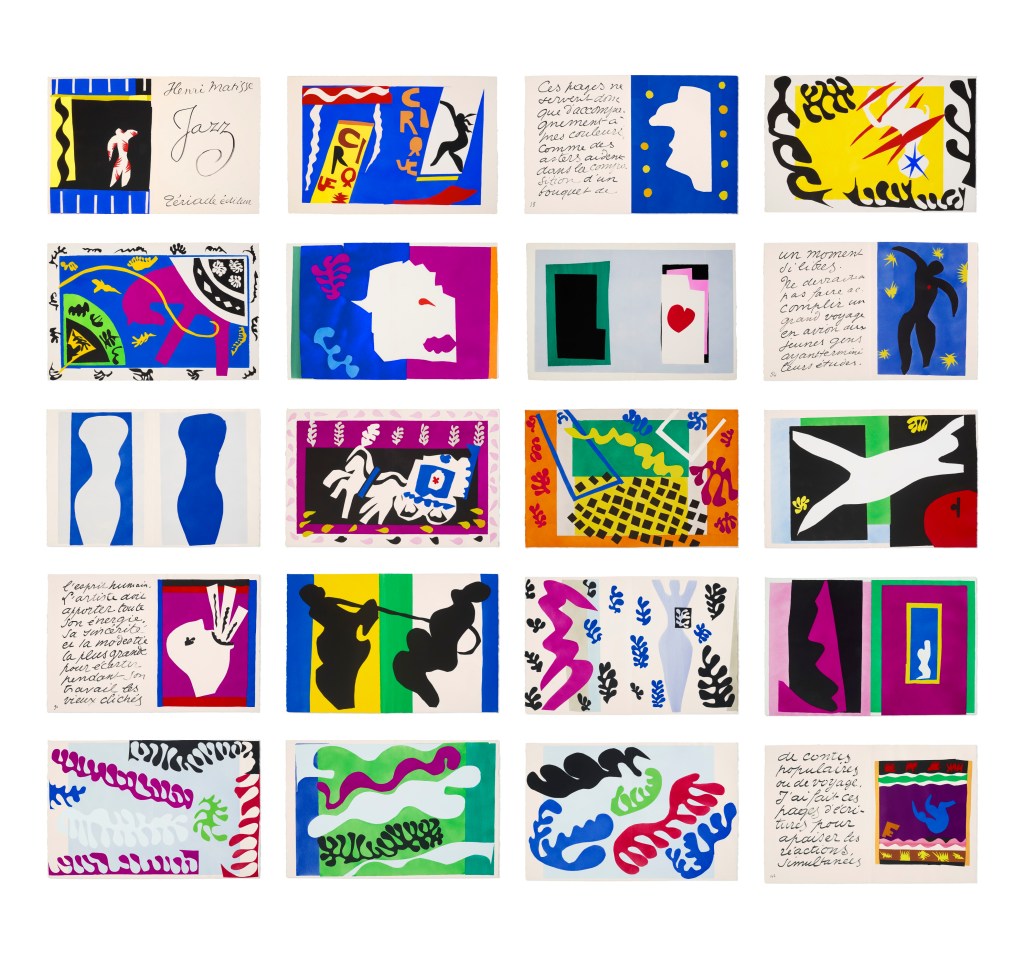 fine art print by Henri Matisse, Jazz, 1947, twenty pochoirs printed in colors on Arches paper.  Each sheet approximately: 16 3/4 x 25 1/2 inches, edition of 250.