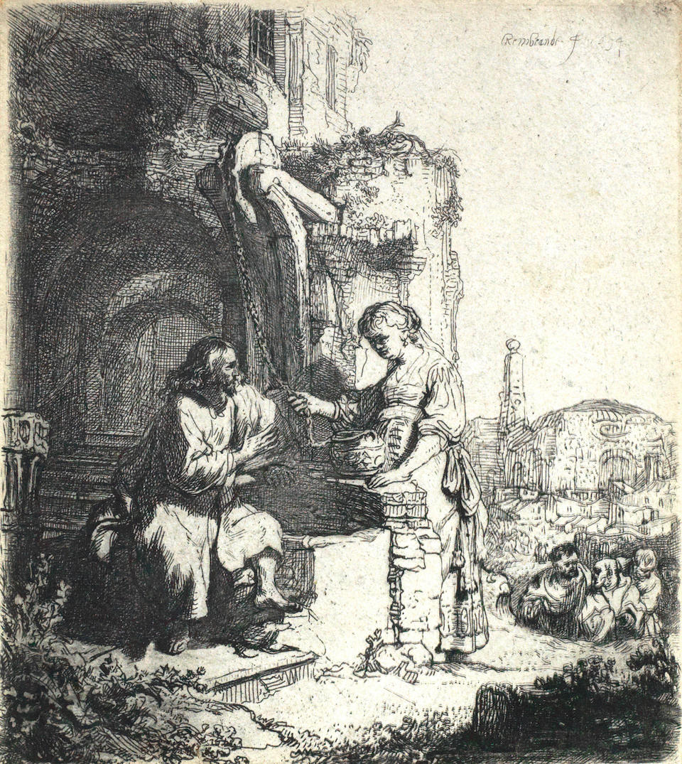 fine art print etching by Rembrandt Harmenszoon Van Rijn, Christ and the Woman of Samaria: Among Ruins, 1634. Etching printed in black ink on laid paper, signed and dated upper-right in the plate “Rembrandt f. 1634”, 12,9 x 11,3 cm (paper); 12,4 x 10,8 cm (plate). Ref. Bartsch 71; NHD 78 II (V). Courtesy of Jurjens Fine Art.