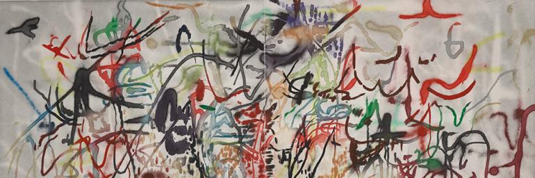 Hymn (Behind the Sun) (detail), from Six Bardos, 2018. Julie Mehretu (American, b. 1970). Color aquatint; image: 127.6 x 186.1 cm. The Cleveland Museum of Art, Purchase from the J. H. Wade Fund and partial gift of Stephen Dull, 2020.285. © Julie Mehretu