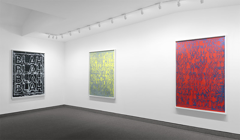installation view with: Mel Bochner, Blah Blah Blah (Inverse), 2022, silkscreen, edition of 30, image/paper size: 62 x 47 inches (158 x 120 cm) Mel Bochner, Head Honcho, 2020, silkscreen, edition of 30, image/paper size: 63 x 48 inches (160 x 122 cm) Mel Bochner, Oh Well, 2020, silkscreen, edition of 30, image/paper size: 67 3/8 x 48 inches (171 x 122 cm)