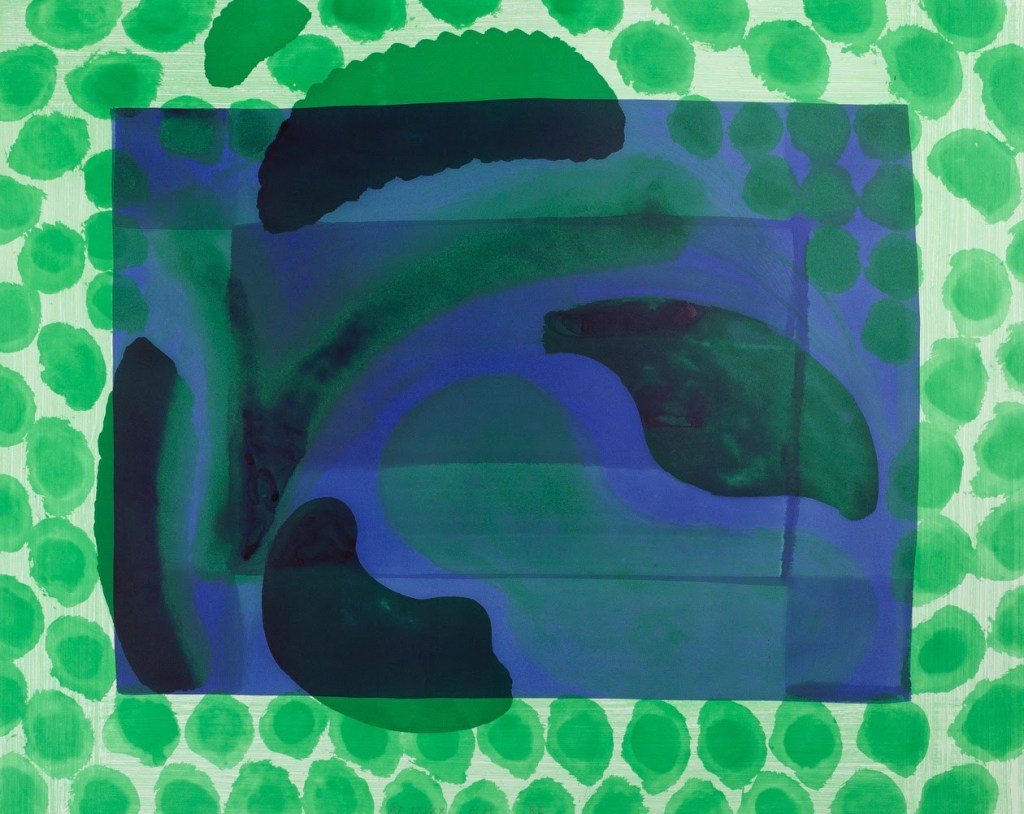 fine art print by Howard Hodgkin, David's Pool (1979 - 1985), Soft-ground etching and aquatint from one copper plate (drawn by the artist in 1979) printed in green, with hand colouring in blue ink. On white Hahnemühle mould-made paper.