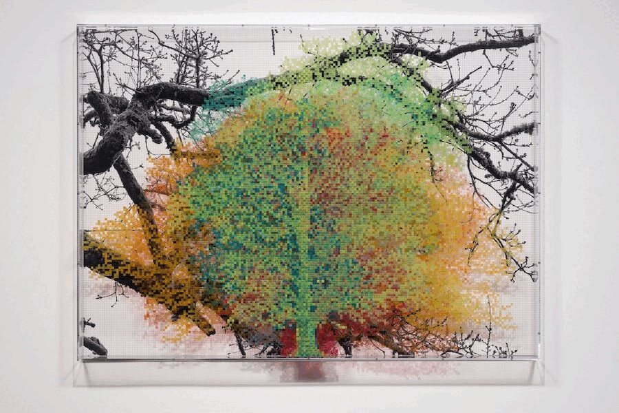 Charles Gaines, Numbers and Trees: London Series 1, Tree #8, Harrow Place, 2020, Courtesy of the artist and Hauser & Wirth, Photo by Fredrik Nilsen. Eamon Ore-Giron, Infinite Regress CLIV, 2021, Courtesy of the artist and James Cohan, New York, Photo by Phoebe d'Heurle. Karlo Kachareva, Clown/Bergman, 1992. 