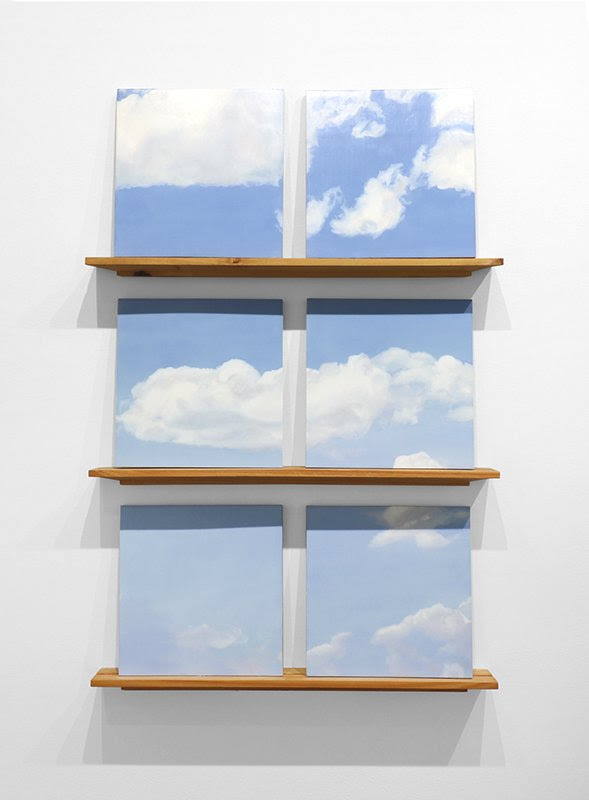 Barbara Broughel Broken Sky (cerulean clouds), 2007-2008 Six poplar panels (11 x 11 inches each) with oil paint, three pine shelves Overall size: 37 x 26 x 3.25 inches (94 x 66 x 8.25 cm)