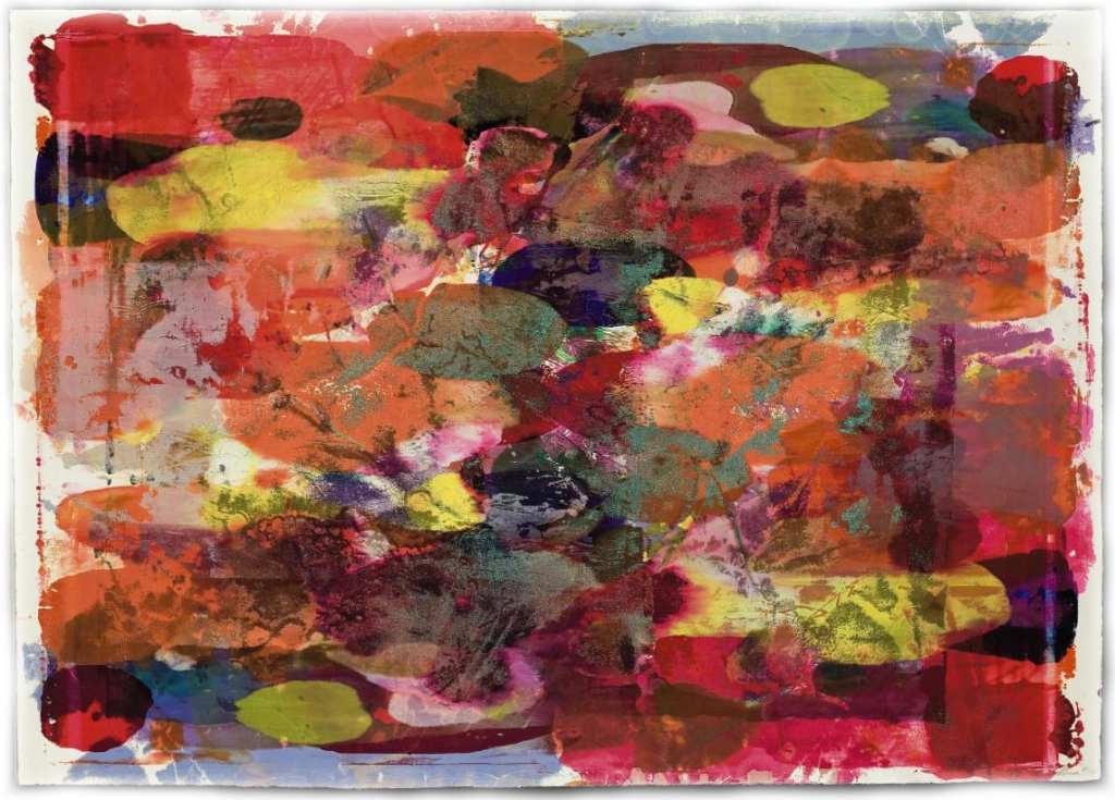 fine art print by sam gilliam, Untitled 36, 1972 Jones Road #6 lithographic offset monoprint with flocking and glitter on folded Rives BFK
