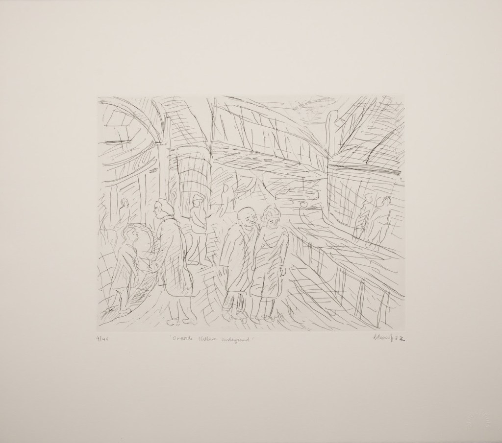 Leon Kossoff, Outside Kilburn Underground Station (1982), Drypoint etching, 58.4 x 66 cms (23 x 26 ins)
