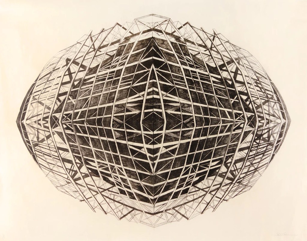fine art print by Jenny Robinson, Fragile Infrastructure, 2021, Drypoint on Kitakata paper, backed with Sekishu