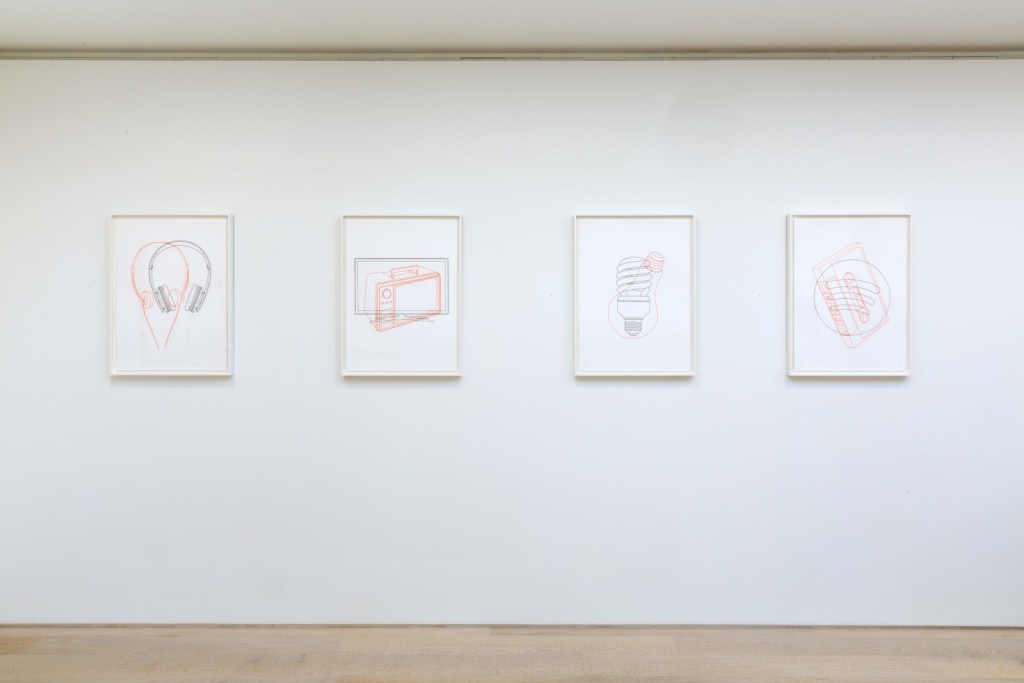 Installation view: Michael Craig-Martin; Then and Now, 2017. A series of eight letterpress prints. Paper and Image 68 x 50 cm (each). Editions of 20.