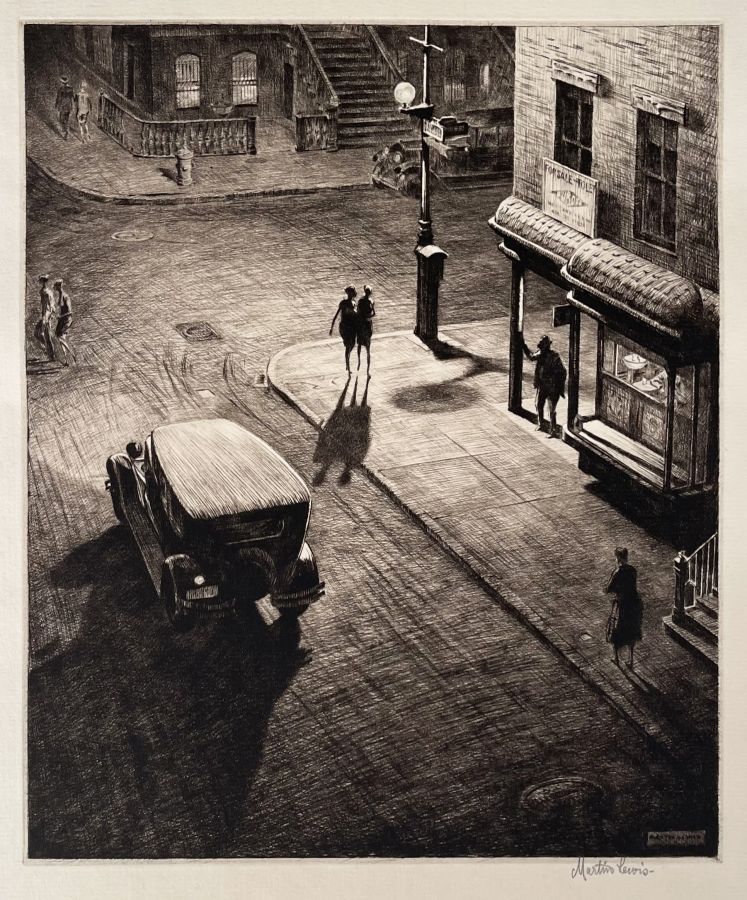 Lewis, Martin. RELICS (SPEAKEASY CORNER) McCarron 74. Drypoint, 1928. Edition of 100 (111 were orinted). Signed in pencil, lower right. Printed on laid paper watermarked "ETRURIA." 11 7/8 × 9 7/8 inches, 302 × 251 mm. (plate), 15 3/4 x 12 3/4 (sheet).