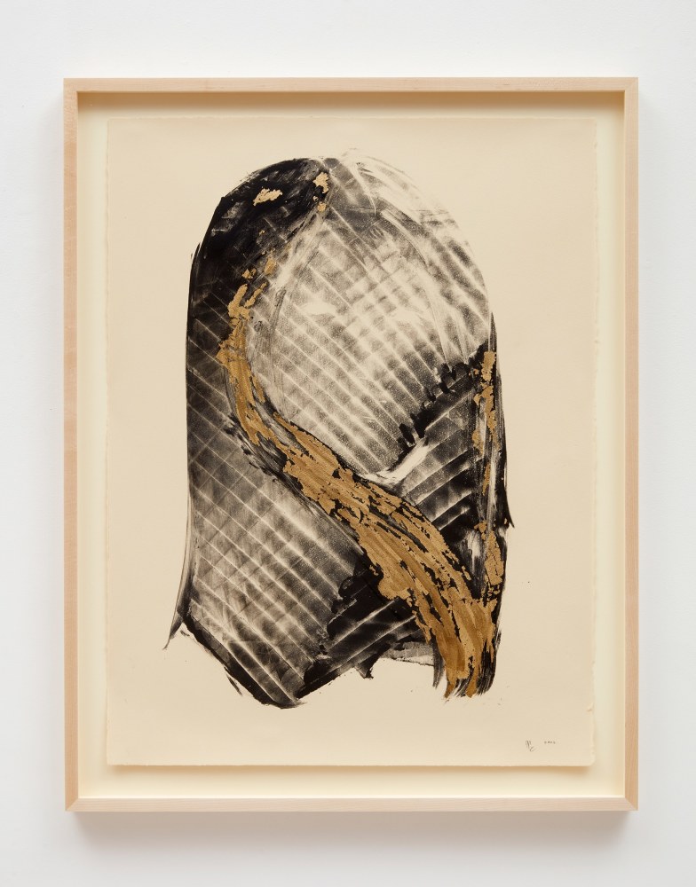 Nicholas Galanin, It Flows Through (Herring Woman), 2022, monotype and gold leaf on paper. Courtesy of Peter Blum Gallery