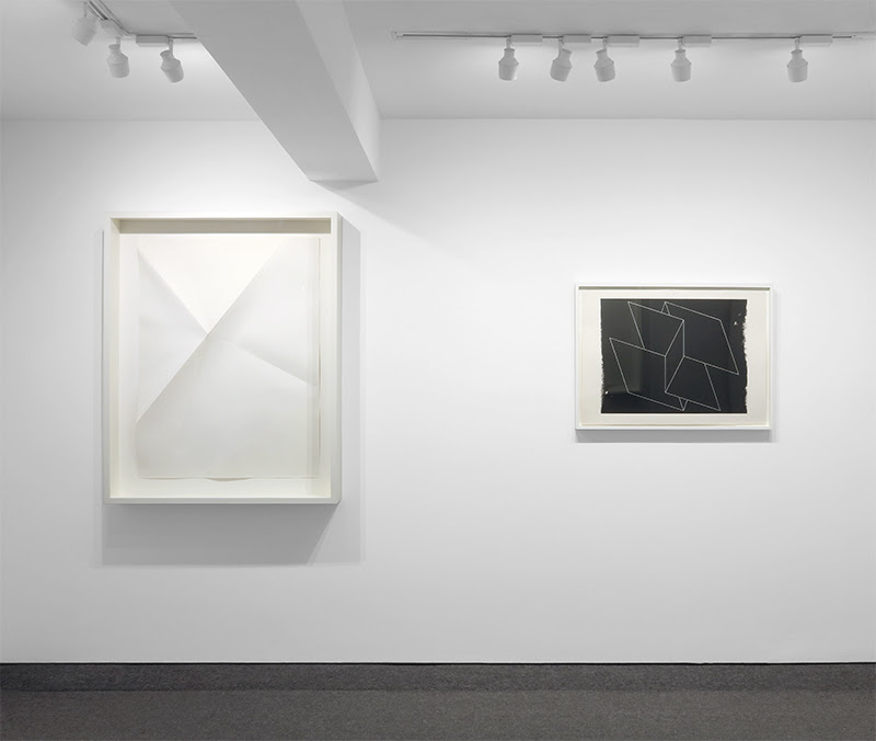 Installation view:  Dorothea Rockburne, Untitled #4 (from Locus), 1972 Etching with aquatint, graphite and white oil paint on Strathmore, edition of 42 Frame size: 48 x 38 x 5 inches (121 x 96 x 14 cm)  and  Josef Albers, Interlinear N 65, 1962 Zinc plate lithograph, offset to stone for printing, edition of 10 Frame size: 24 x 32 inches (61 x 82 cm)