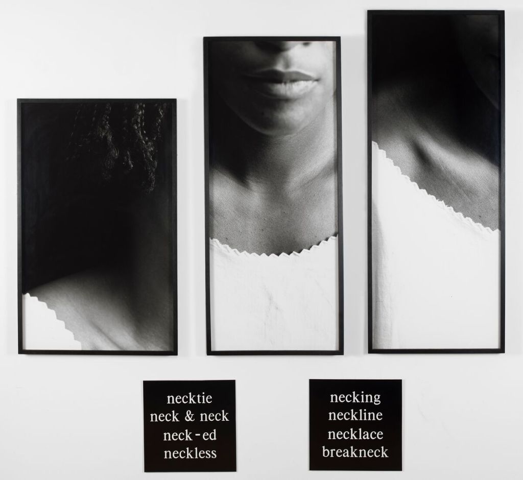 Lorna Simpson, Necklines, 1989, 3 silver gelatin prints, 2 engraved plastic plaques, 176.2 x 171.8 x 4.1 cm / 69 3/8 x 67 5/8 x 1 5/8 in © Lorna Simpson. Photo: Adam Reich