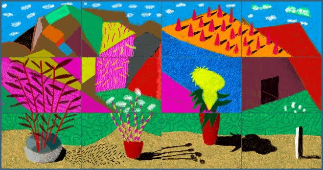  David Hockney, August 2021, Landscape with Shadows, Twelve iPad paintings comprising a single work, printed on paper, mounted on Dibond, Edition of 25, 108.2 x 205 cm (42.5 x 80.75 Inches), ©  David  Hockney