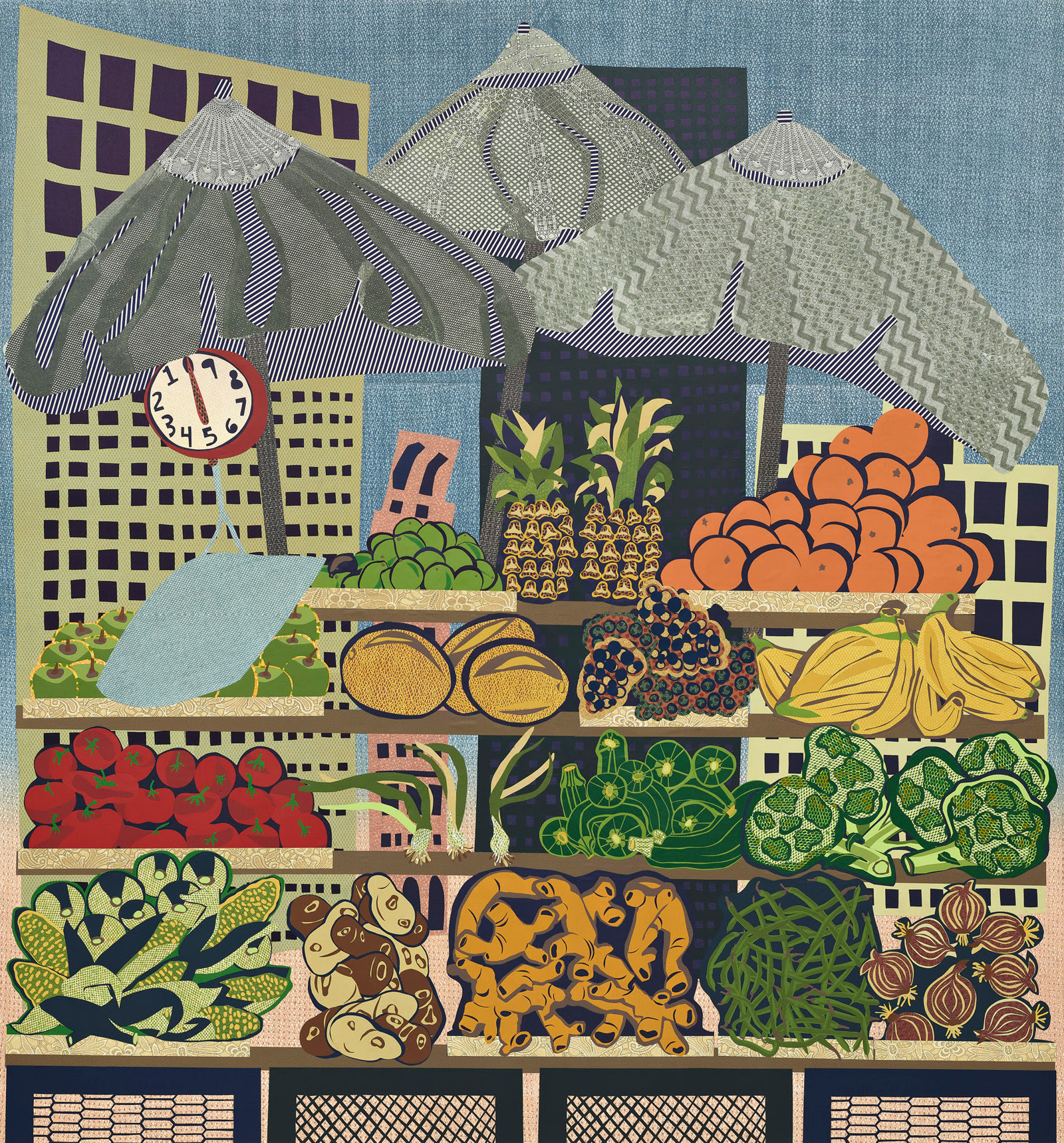 Blair Saxon-Hill Fruit Stand (2022) Collage on panel · 85 3/16 x 78 3/4 inches