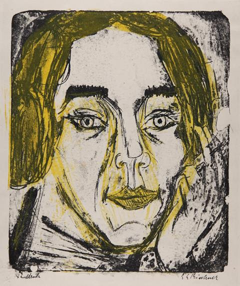 Ernst Ludwig Kirchner, Kopf Mary Wigman (Head of Mary Wigman), 1926, Colour Lithograph, one of 8 so far known prints pulled by the artist. 32.6 x 27.2 on 42 x 33.2 cm. Courtesy of Galerie Henze & Ketterer